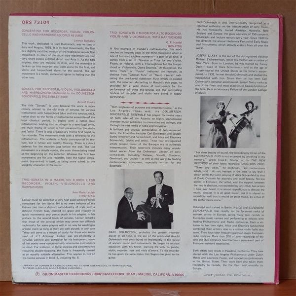 THE DOLMETSCH-SCHOENFELD ENSEMBLE - LENNOX BERKELEY / ARNOLD COOKE / J. M. LECLAIR / G. F. HAENDEL – CONCERTINO, OP. 48 / SONATA (1964) / TRIO SONATA IN D / TRIO SONATA IN C (1973) - LP 2.EL PLAK