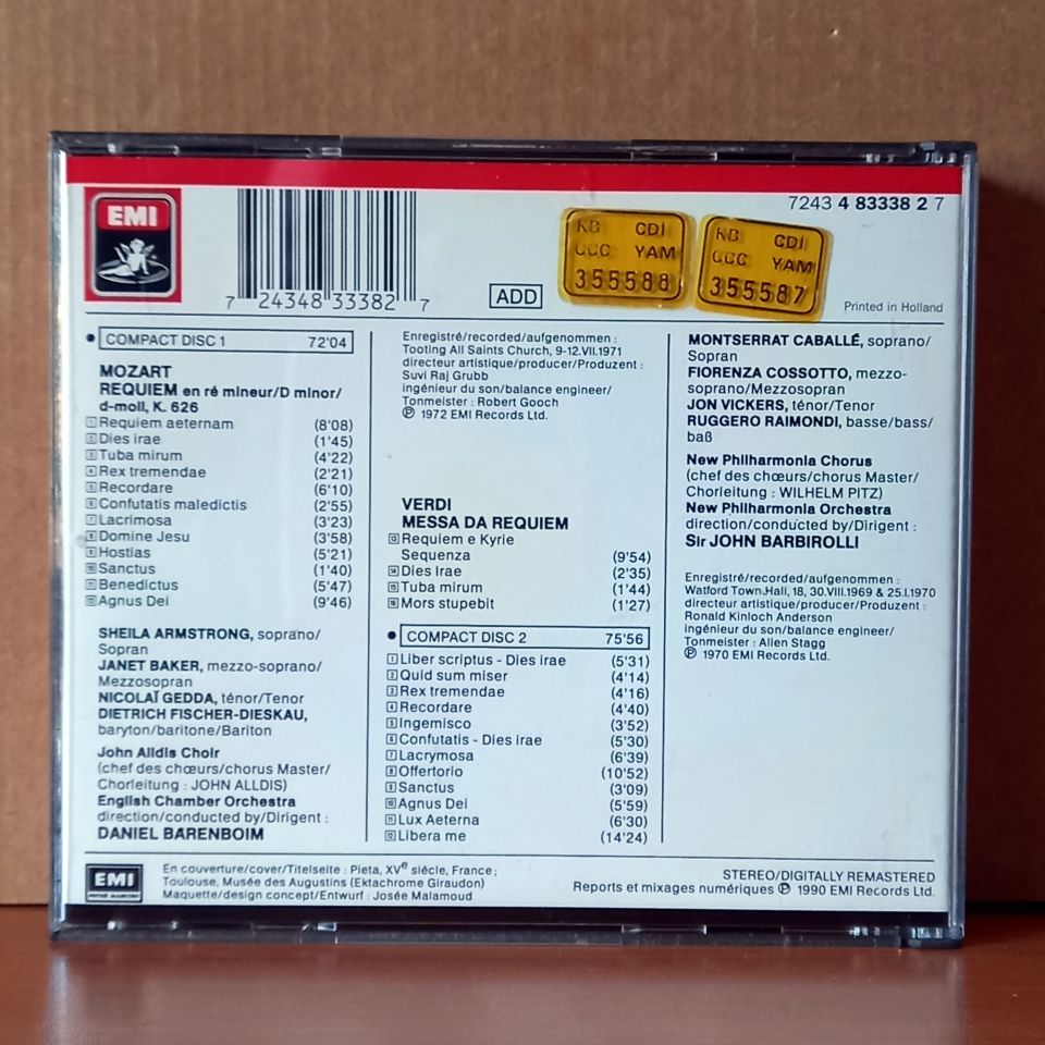 MOZART: REQUIEM / ARMSTRONG, BAKER, GEDDA, FISCHER-DIESKAU, JOHN ALLDIS CHOIR, ENGLISH CHAMBER ORCHESTRA, DANIEL BARENBOIM / VERDI: REQUIEM / CABALLE, COSSOTTO, VICKERS, RAIMONDI, THE NEW PHILHARMONIA ORCHESTRA AND CHORUS (1990) - 2CD 2.EL