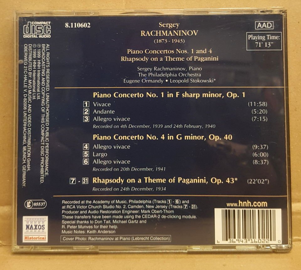 SERGEI RACHMANINOV - PIANO CONCERTOS NO 1 & NO 4 / RHAPSODY ON A THEME OF PAGANINI - CD 1999 EDITION NAXOS GREAT PIANISTS SERIES 2.EL