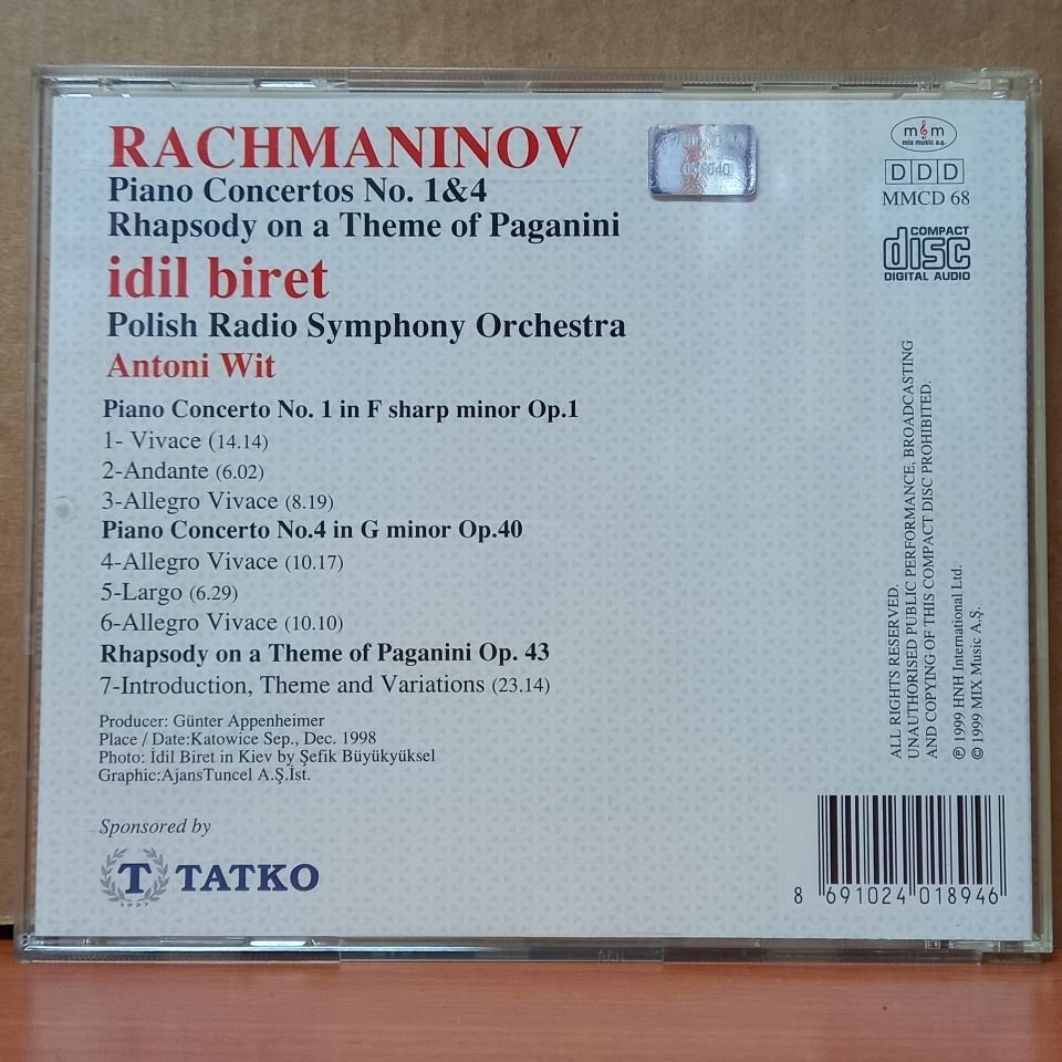 RACHMANINOV, İDİL BİRET - PIANO CONCERTOS NO.1&4 / RHAPSODY ON A THEME OF PAGANINI / POLISH RADIO SYMPHONY ORCHESTRA, ANTONI WIT (1999) - CD 2.EL