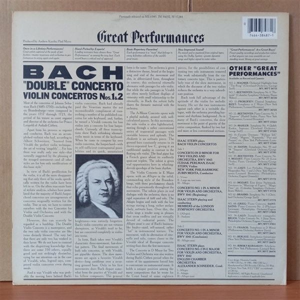 BACH: DOUBLE VIOLIN CONCERTO & VIOLIN CONCERTOS NOS. 1 & 2 / ISAAC STERN, ITZHAK PERLMAN, ZUBIN MEHTA, THE NEW YORK PHILHARMONIC ORCHESTRA, MEMBERS OF THE LONDON SYMPHONY ORCHESTRA, ENGLISH CHAMBER ORCHESTRA (1983) - LP 2.EL PLAK