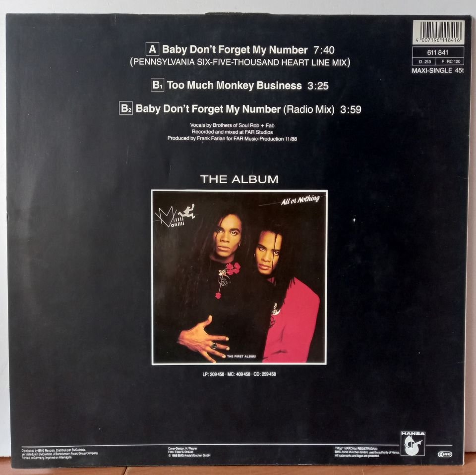 MILLI VANILLI – BABY DON'T FORGET MY NUMBER (1988) - 12' MAXISINGLE 2.EL PLAK