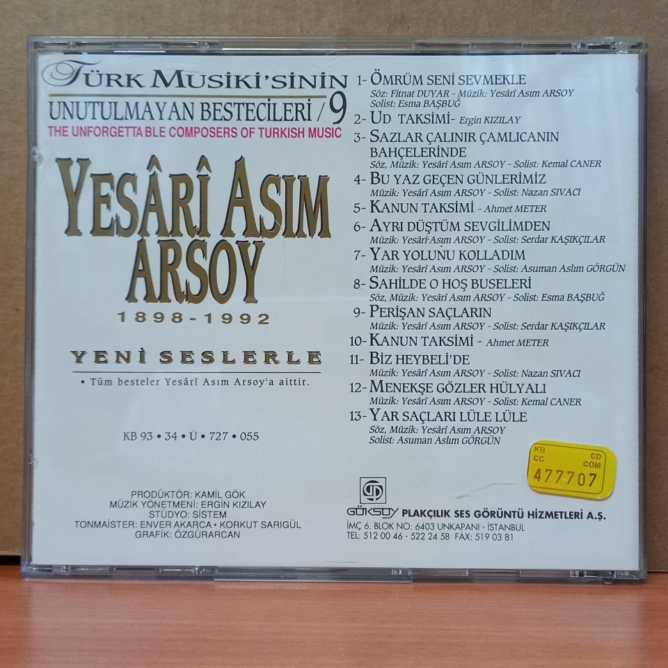 TÜRK MUSİKİ'SİNİN UNUTULMAYAN BESTECİLERİ 9 / YESARİ ASIM ARSOY (1993) - CD 2.EL