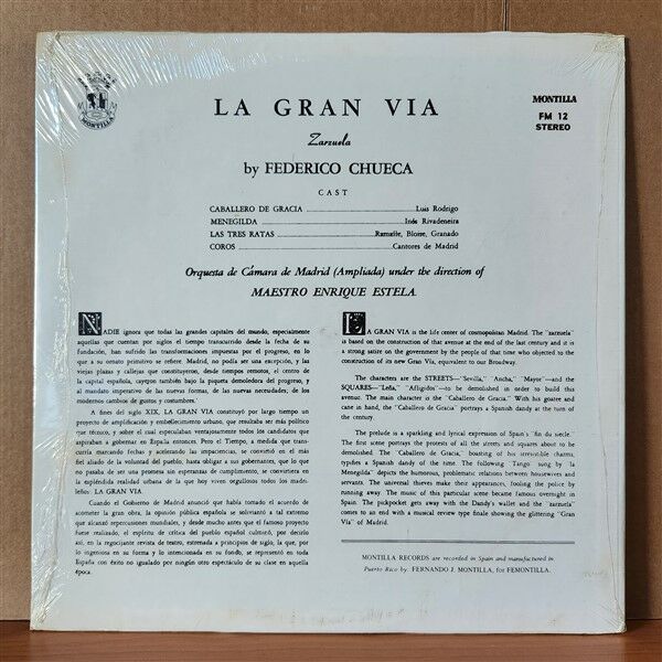 LA GRAN VIA / FEDERICO CHUECA, JOAQUIN VALVERDE DURÁN, FELIPE PÉREZ Y GONZÁLEZ - LP DÖNEM BASKISI SIFIR PLAK