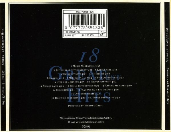 SANDRA - 18 GREATEST HITS (1992) - CD REISSUE SYNTH POP EURO DISCO 80S / JEWEL CASE AMBALAJINDA SIFIR