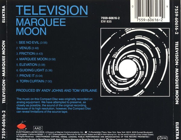 TELEVISION – MARQUEE MOON (1977) - CD REISSUE JEWEL CASE AMBALAJINDA SIFIR