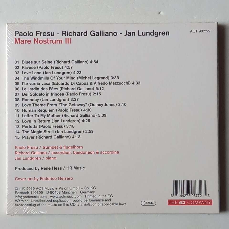 PAOLO FRESU, RICHARD GALLIANO, JAN LUNDGREN – MARE NOSTRUM III (2019) - CD AMBALAJINDA SIFIR