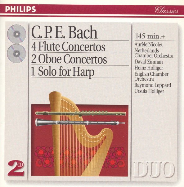 C.P.E. BACH - AURÈLE NICOLET, NETHERLANDS CHAMBER ORCHESTRA, DAVID ZINMAN, HEINZ HOLLIGER, ENGLISH CHAMBER ORCHESTRA, RAYMOND LEPPARD, URSULA HOLLIGER – 4 FLUTE CONCERTOS / 2 OBOE CONCERTOS / 1 SOLO FOR HARP (1994) - 2CD 1995 COMPILATION REMASTERED 2.EL