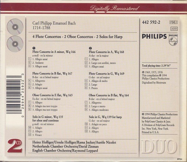 C.P.E. BACH - AURÈLE NICOLET, NETHERLANDS CHAMBER ORCHESTRA, DAVID ZINMAN, HEINZ HOLLIGER, ENGLISH CHAMBER ORCHESTRA, RAYMOND LEPPARD, URSULA HOLLIGER – 4 FLUTE CONCERTOS / 2 OBOE CONCERTOS / 1 SOLO FOR HARP (1994) - 2CD 1995 COMPILATION REMASTERED 2.EL
