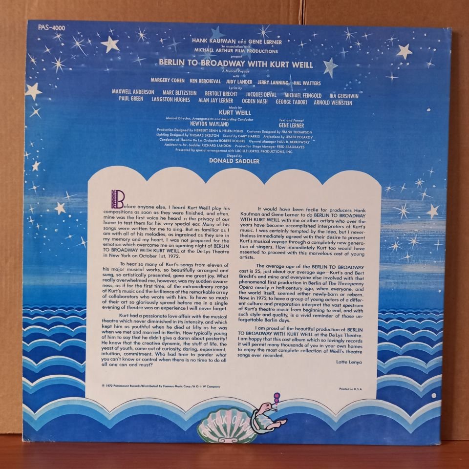 BERLIN TO BROADWAY WITH KURT WEILL / A MUSICAL VOYAGE / ORIGINAL CAST RECORDING (1972) - 2LP 2.EL PLAK