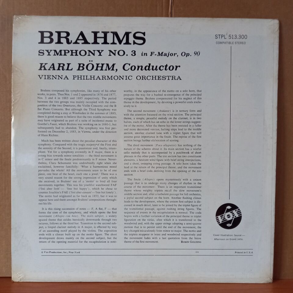 KARL BÖHM CONDUCTS BRAHMS: SYMPHONY NO. 3 IN F-MAJOR, OP. 90 / VIENNA PHILHARMONIC ORCHESTRA - LP DÖNEM BASKISI SIFIR PLAK