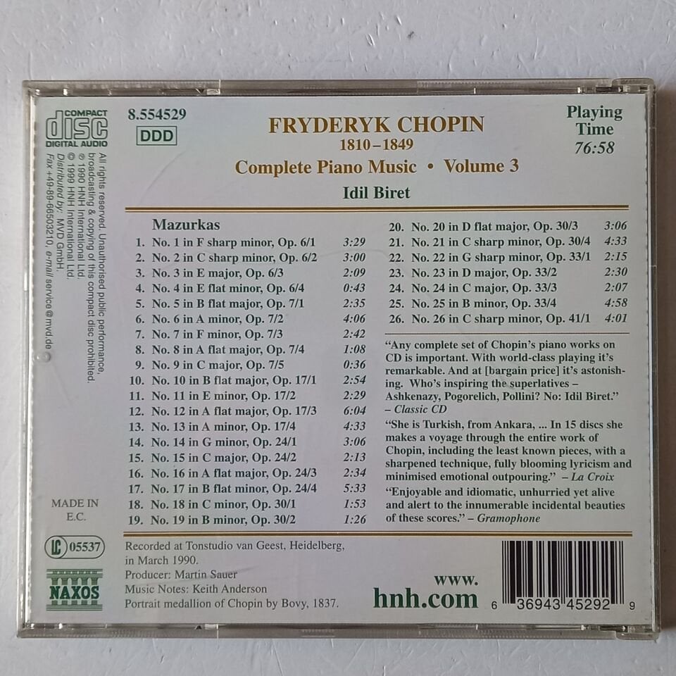 CHOPIN PIANO MUSIC VOLUME 3 / FRYDERYK CHOPIN, IDIL BIRET – MAZURKAS VOLUME 1 (1990) - CD 1999 REISSUE 2.EL