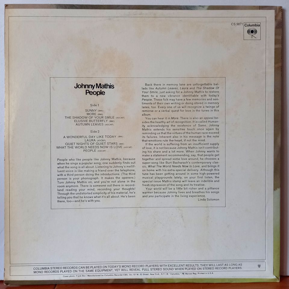 JOHNNY MATHIS – PEOPLE (1972) - LP 2.EL PLAK