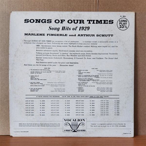 SONGS OF OUR TIMES - SONG HITS OF 1929 / MARLENE FINGERLE AND ARTHUR SCHUTT (1973) - LP 2.EL PLAK