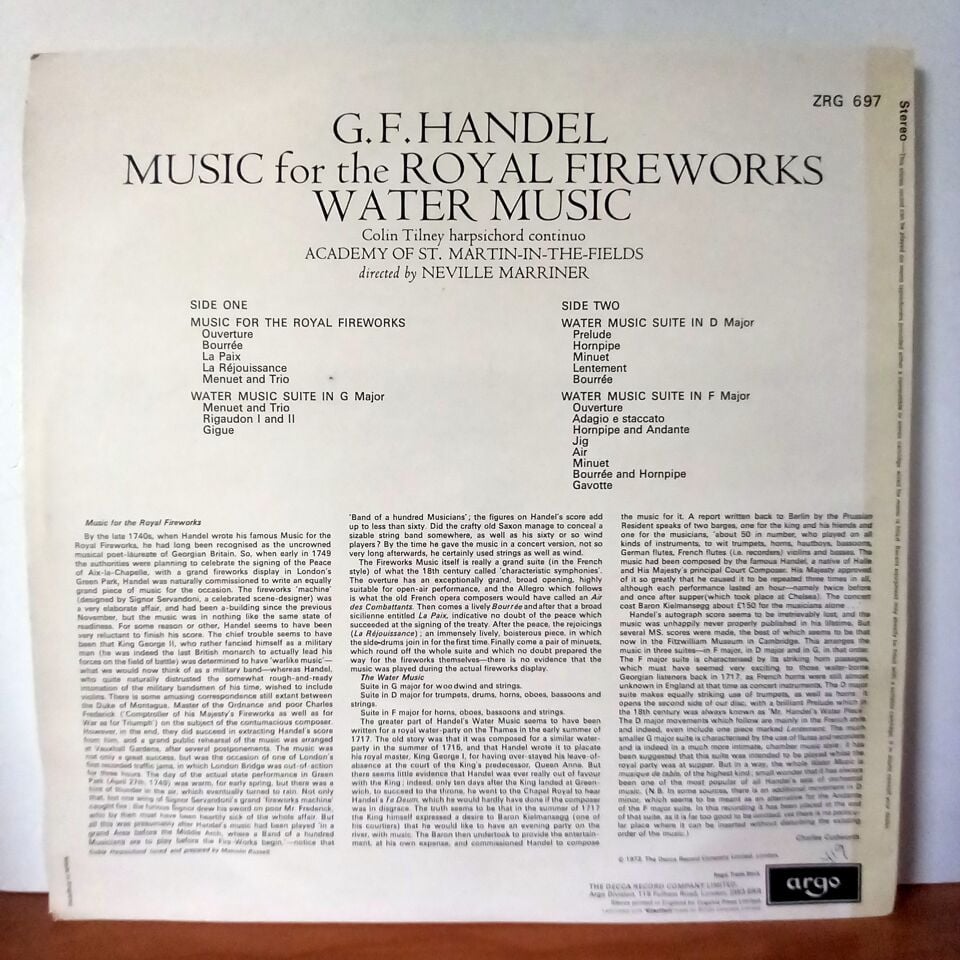 HANDEL: MUSIC FOR THE ROYAL FIREWORKS / WATER MUSIC / ACADEMY OF ST. MARTIN-IN-THE-FIELDS, NEVILLE MARRINER (1972) - LP 2.EL PLAK