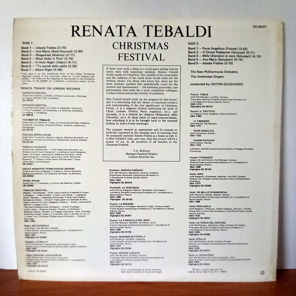 RENATA TEBALDI – CHRISTMAS FESTIVAL (1971) - LP 2.EL PLAK