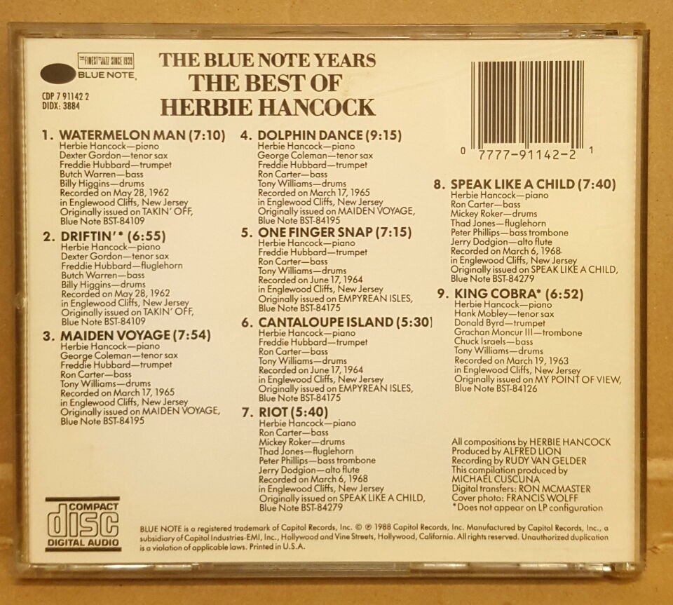 HERBIE HANCOCK - THE BEST OF (1988) - CD BLUE NOTE MADE IN USA 2.EL
