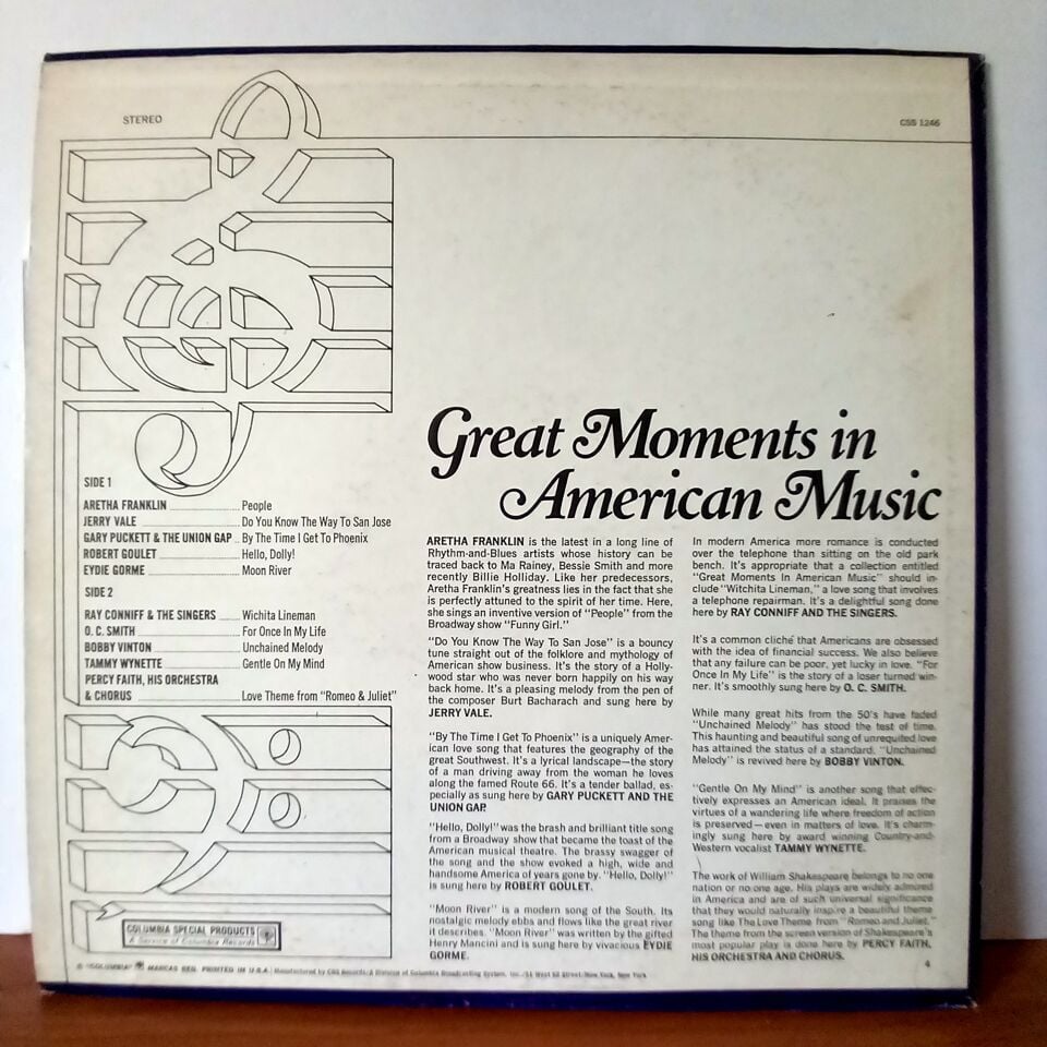 GREAT MOMENTS IN AMERICAN MUSIC / ARETHA FRANKLIN, JERRY VALE, EYDIE GORME, BOBBY WINTON, RAY CONNIFF, PERCY FAITH - LP 2.EL PLAK