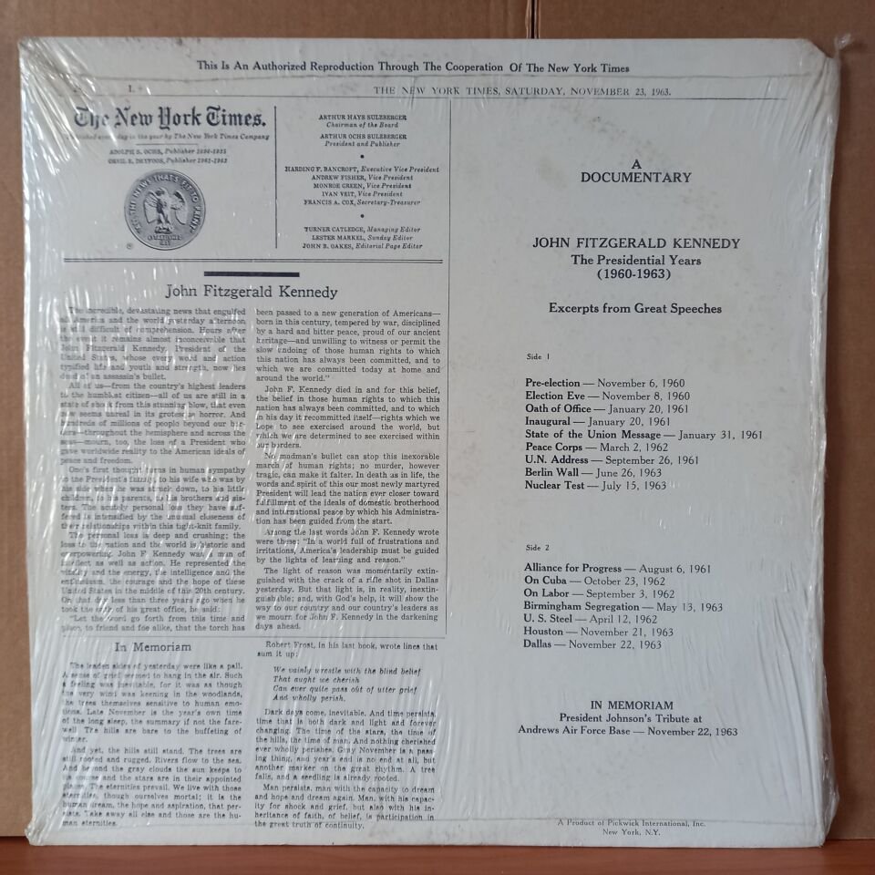 JOHN FITZGERALD KENNEDY – THE PRESIDENTIAL YEARS 1960-1963 / ORIGINAL SPEECHES - LP DÖNEM BASKISI SIFIR PLAK