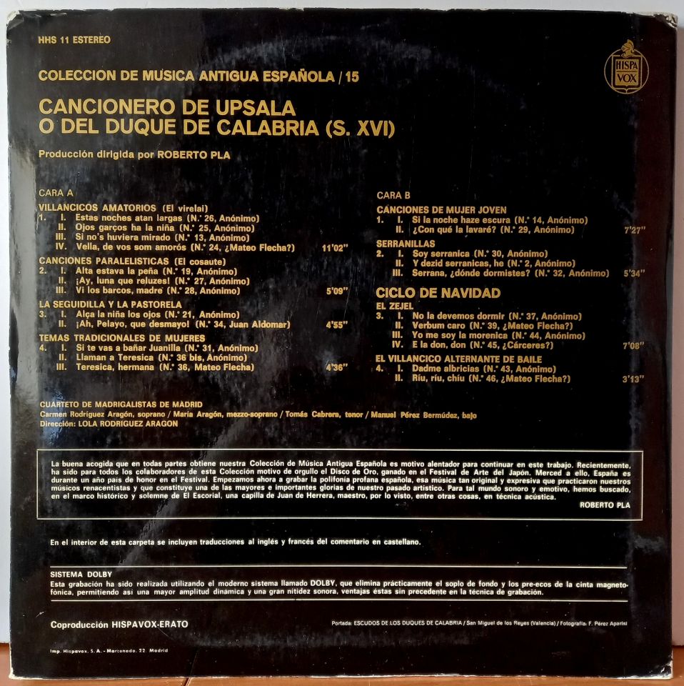 CUARTETO DE MADRIGALISTAS DE MADRID - CANCIONERO DE UPSALA / CANCIONERO DE UPSALA O DEL DUQUE DE CALABRIA - LP 2.EL PLAK