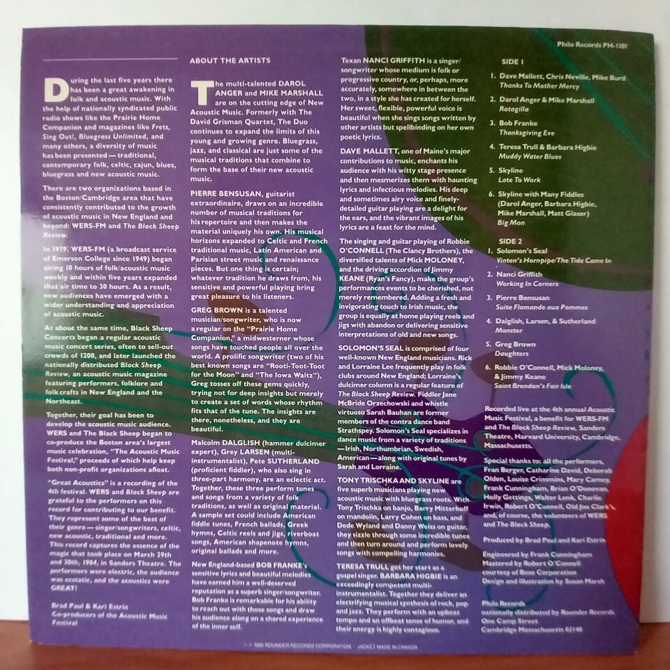 VARIOUS – GREAT ACOUSTICS / GREG BROWN, BOB FRANKE, DAROL ANGER & MIKE MARSHALL, PIERRE BENSUSAN (1985) - LP 2.EL PLAK