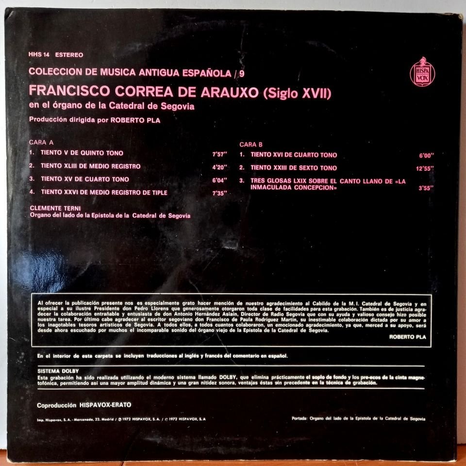 FRANCISCO CORREA DE ARAUXO – FRANCISCO CORREA DE ARAUXO EN EL ORGANO DE LA CATEDRAL DE SEGOVIA SIGLO XVII (1972) - LP 2.EL PLAK