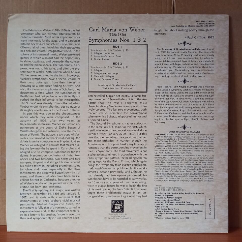 CARL MARIA VON WEBER - ACADEMY OF ST-MARTIN-IN-THE FIELDS, NEVILLE MARRINER – SYMPHONIES NOS. 1 & 2 (1984) - LP 2.EL PLAK