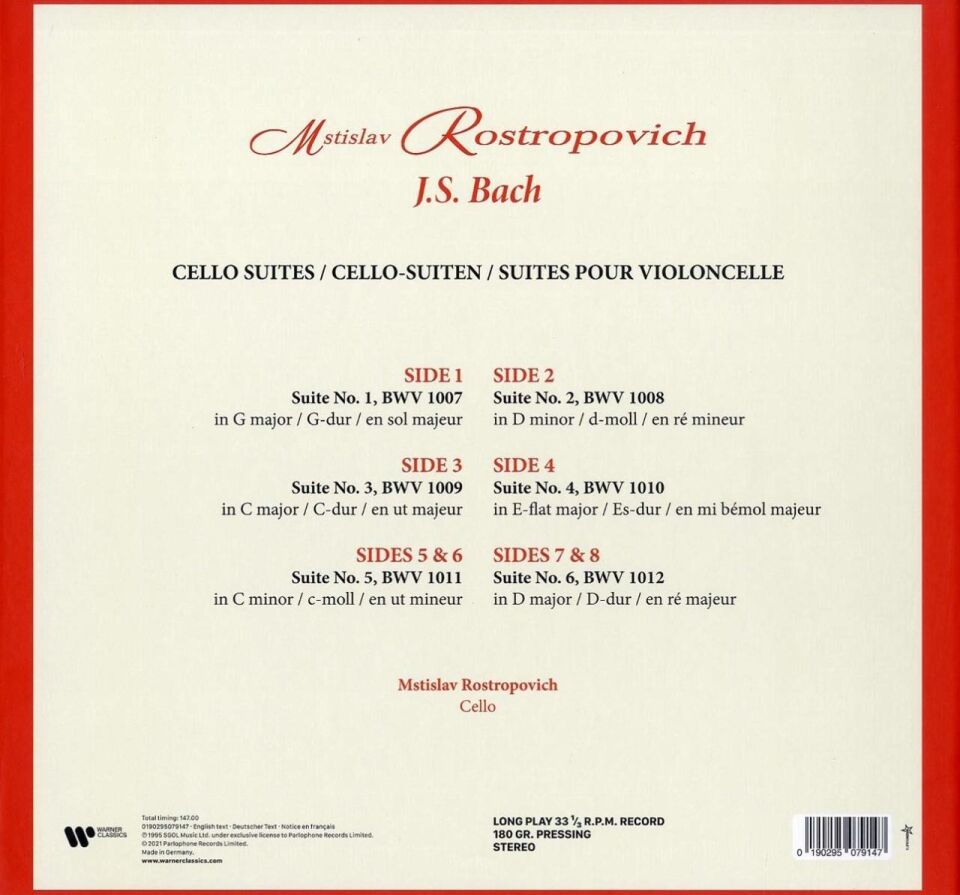 BACH - CELLO SUITES / ROSTROPOVICH (1995) - 4LP 2021 EDİSYON SIFIR PLAK