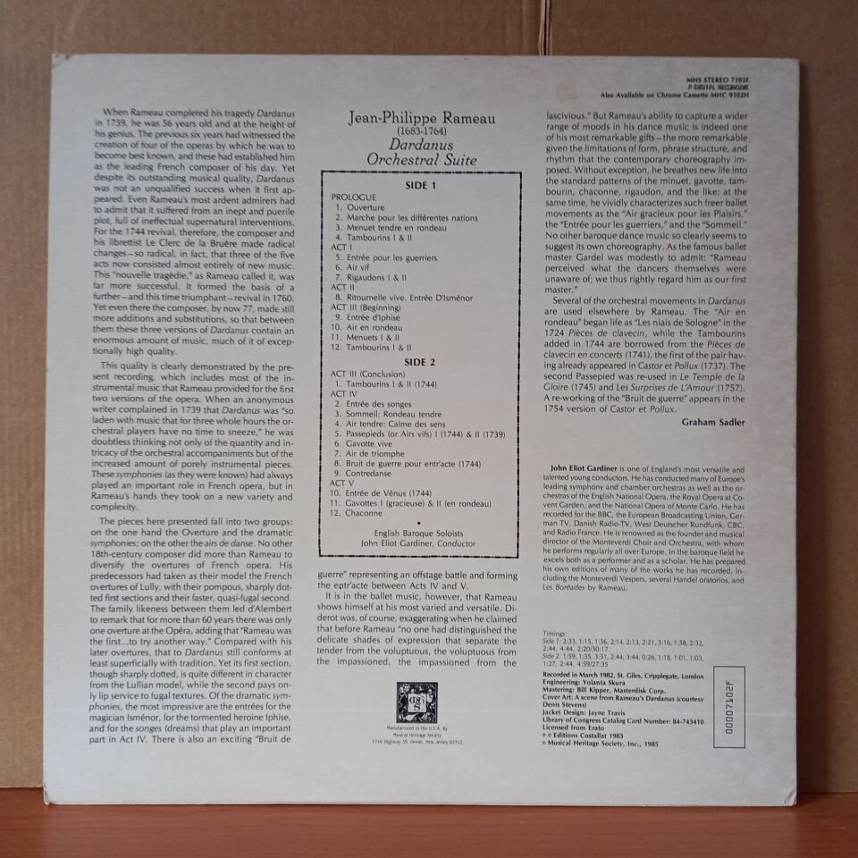 JEAN-PHILIPPE RAMEAU: DARDANUS ORCHESTRAL SUITE / THE ENGLISH BAROQUE SOLOISTS, JOHN ELIOT GARDINER (1985) - LP 2.EL PLAK