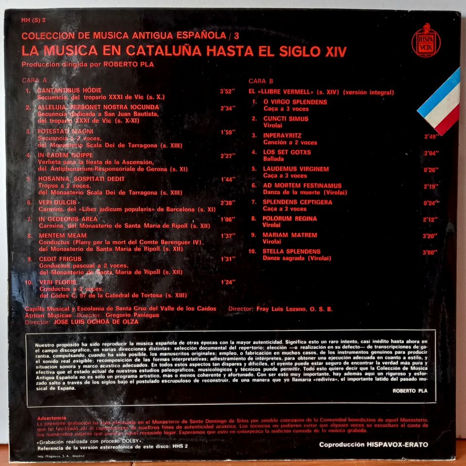 CAPILLA MUSICAL Y ESCOLANIA DE SANTA CRUZ DEL VALLE DE LOS CAIDOS, ATRIUM MUSICAE – LA MUSICA EN CATALUNA HASTA EL SIGLO XIV - LP 2.EL PLAK