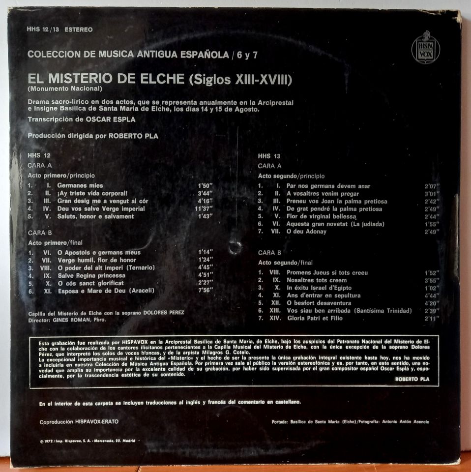DOLORES PEREZ, GINES ROMAN – EL MISTERIO DE ELCHE SIGLOS XIII-XVIII (1972) - LP 2.EL PLAK
