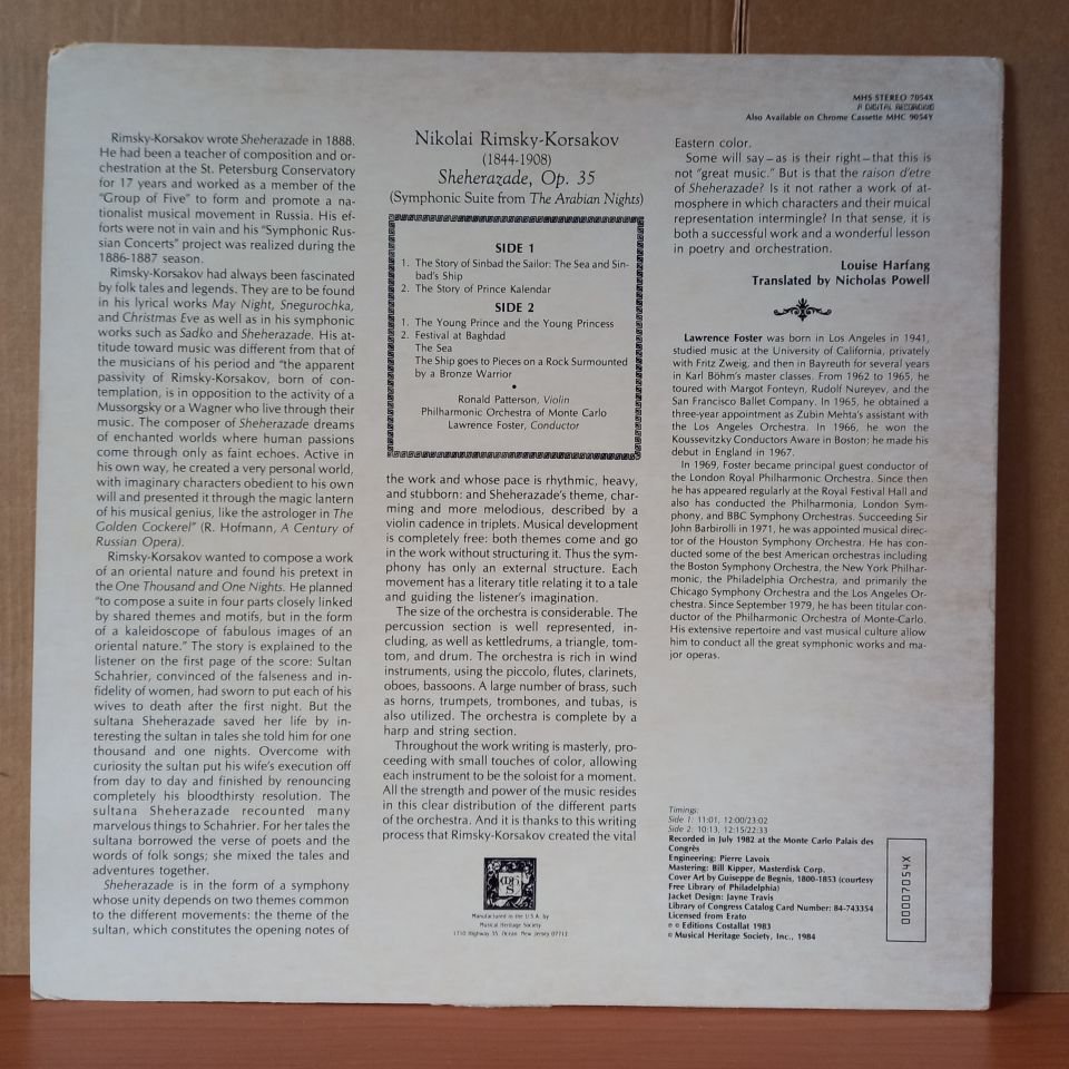 NIKOLAI RIMSKY-KORSAKOV: SHEHERAZADE, OP. 35 (SYMPHONIC SUITE FROM THE ARABIAN NIGHTS) / RONALD PATTERSON, PHILHARMONIC ORCHESTRA OF MONTE CARLO, LAWRENCE FOSTER (1984) - LP 2.EL PLAK