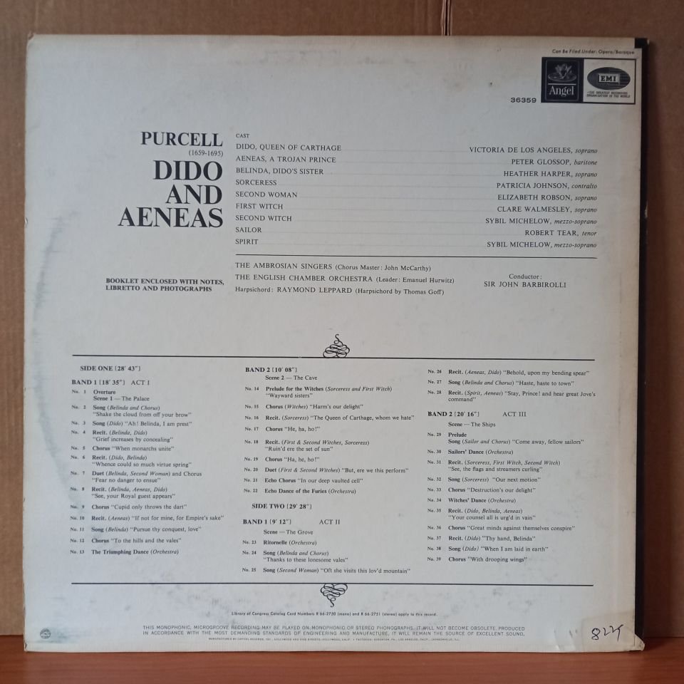 PURCELL: DIDO AND AENEAS / VICTORIA DE LOS ANGELES, HEATHER HARPER, PATRICIA JOHNSON, PETER GLOSSOP, RAYMOND LEPPARD, AMBROSIAN SINGERS, ENGLISH CHAMBER ORCHESTRA, SIR JOHN BARBIROLLI (1966) - LP 2.EL PLAK