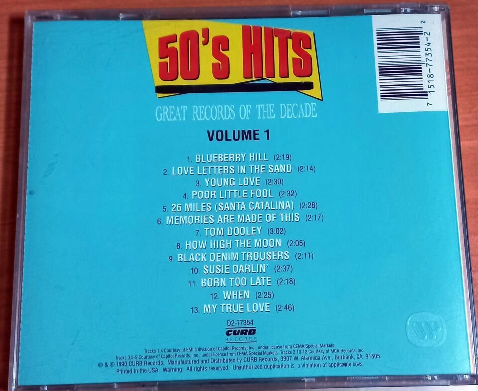 VARIOUS – 50'S HITS: GREAT RECORDS OF THE DECADE - VOLUME 1 (1990) - CD 2.EL