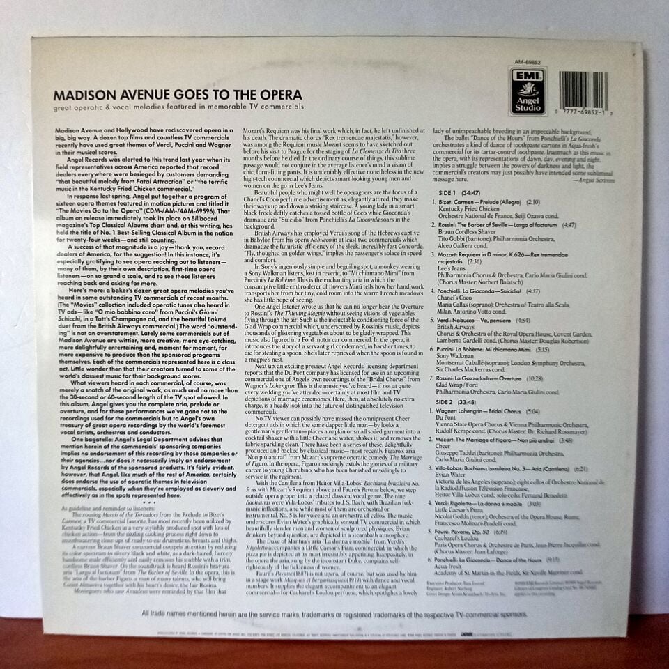 VARIOUS – MADISON AVENUE GOES TO THE OPERA / VERDI, ROSSINI, MOZART, BIZET, WAGNER, PUCCINI (1989) - LP 2.EL PLAK