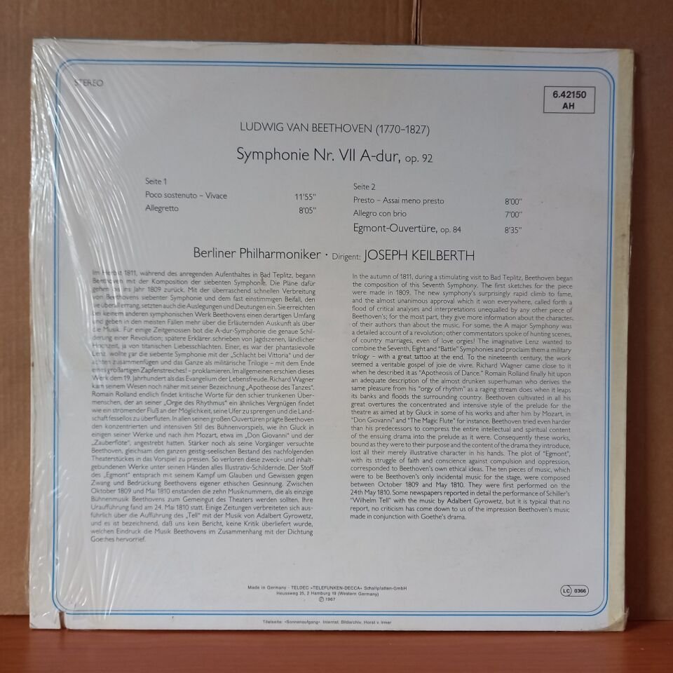 LUDWIG VAN BEETHOVEN: SYMPHONY NR.7 A-DUR - EGMONT OVERTURE / BERLINER PHILHARMONIKER, JOSEPH KEILBERTH - LP DÖNEM BASKISI SIFIR PLAK