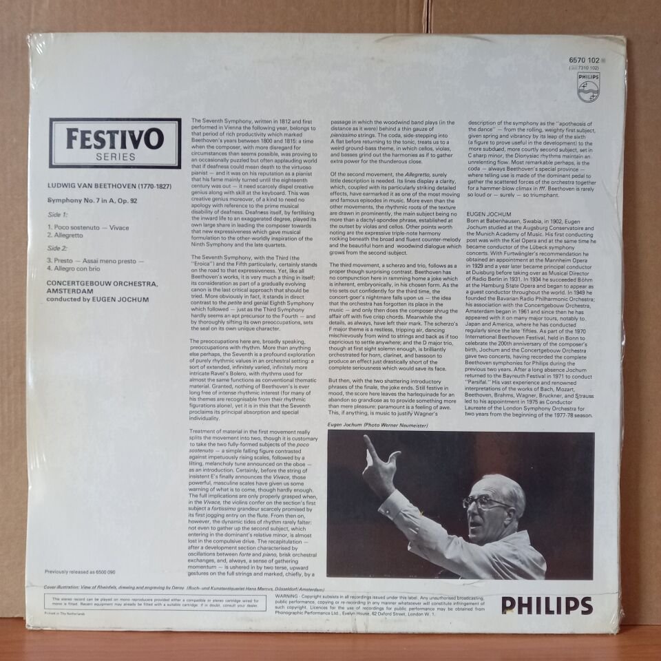 BEETHOVEN: SYMPHONY NO. 7 / CONCERTGEBOUW ORCHESTRA, AMSTERDAM, EUGEN JOCHUM - LP DÖNEM BASKISI SIFIR PLAK