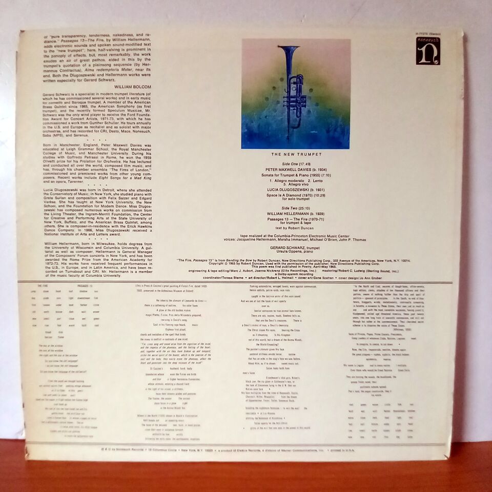 THE NEW TRUMPET: PETER MAXWELL DAVIES / LUCIA DLUGOSZEWSKI / WILLIAM HELLERMAN - GERARD SCHWARZ, URSULA OPPENS (1972) - LP 2.EL PLAK