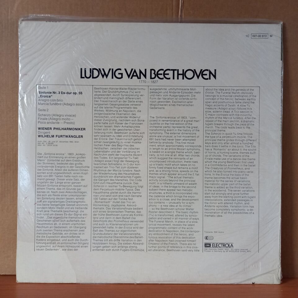 BEETHOVEN: EROICA - SINFONIE NR. 3 / WIENER PHILHARMONIKER, WILHELM FURTWANGLER - LP DÖNEM BASKISI SIFIR PLAK