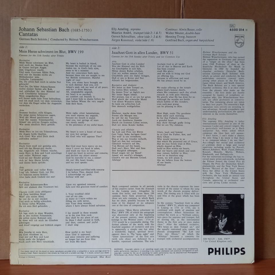 BACH: CANTATAS / JAUCHZET GOTT IN ALLEN LANDEN, MEINE HERZE SCHWIMMT IM BLU / ELLY AMELING, MAURICE ANDRE, DEUTSCHE BACHSOLISTEN, HELMUT WINSCHERMANN - LP 2.EL PLAK