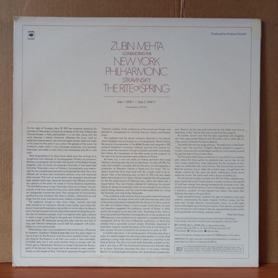 ZUBIN MEHTA CONDUCTING THE NEW YORK PHILHARMONIC, STRAVINSKY – THE RITE OF SPRING (1978) - LP 2.EL PLAK