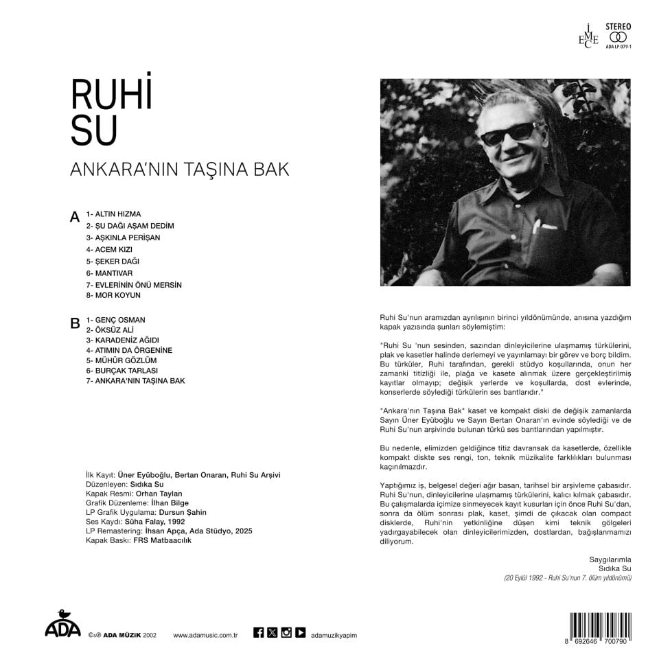 RUHİ SU - ANKARA'NIN TAŞINA BAK (2002) - LP 2026 BASIM SIFIR PLAK