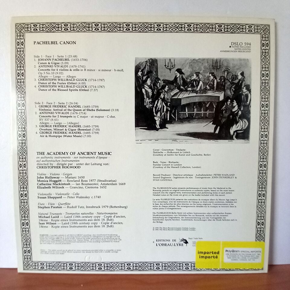 THE ACADEMY OF ANCIENT MUSIC, CHRISTOPHER HOGWOOD / PACHELBEL CANON / HANDEL • VIVALDI • GLUCK (1981) - LP 2.EL PLAK