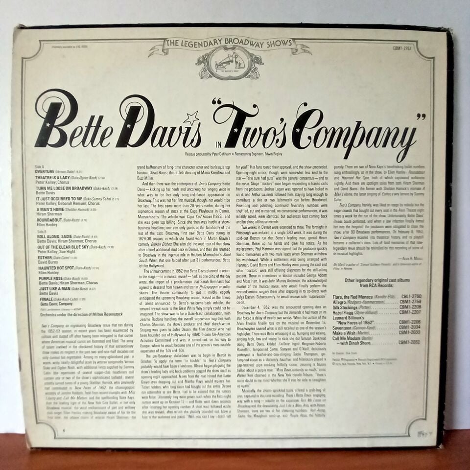 BETTE DAVIS IN TWO'S COMPANY / BETTE DAVIS WITH THE ORIGINAL BROADWAY CAST SING HITS FROM TWO'S COMPANY (1975) - LP 2.EL PLAK