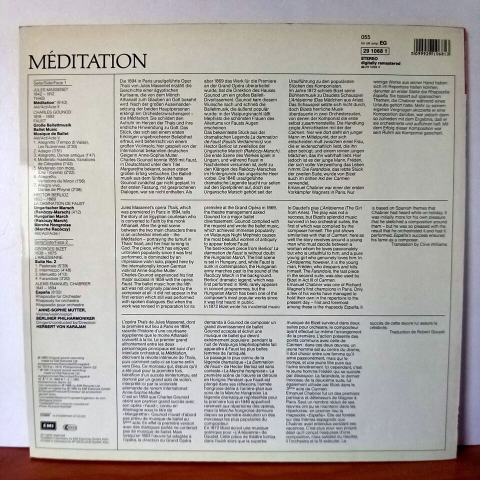 MEDITATION / HERBERT VON KARAJAN, ANNE-SOPHIE MUTTER, BERLINER PHILHARMONIKER - MASSENET / GOUNOD / BERLIOZ / BIZET / CHABRIER (1971) - LP 2.EL PLAK