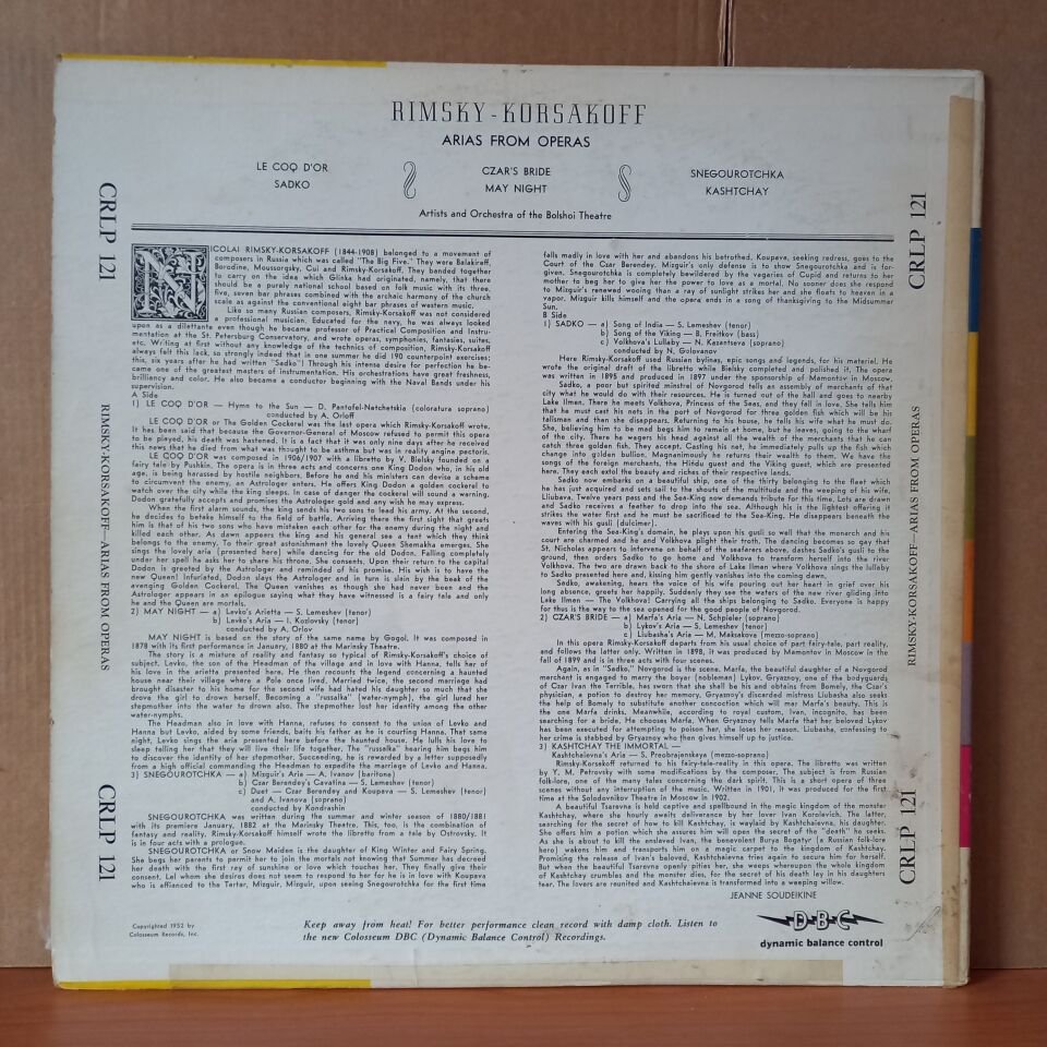 ARIAS FROM RIMSKY-KORSAKOFF OPERAS / ARTISTS AND ORCHESTRA OF THE BOLSHOI THEATRE - LP 2.EL PLAK