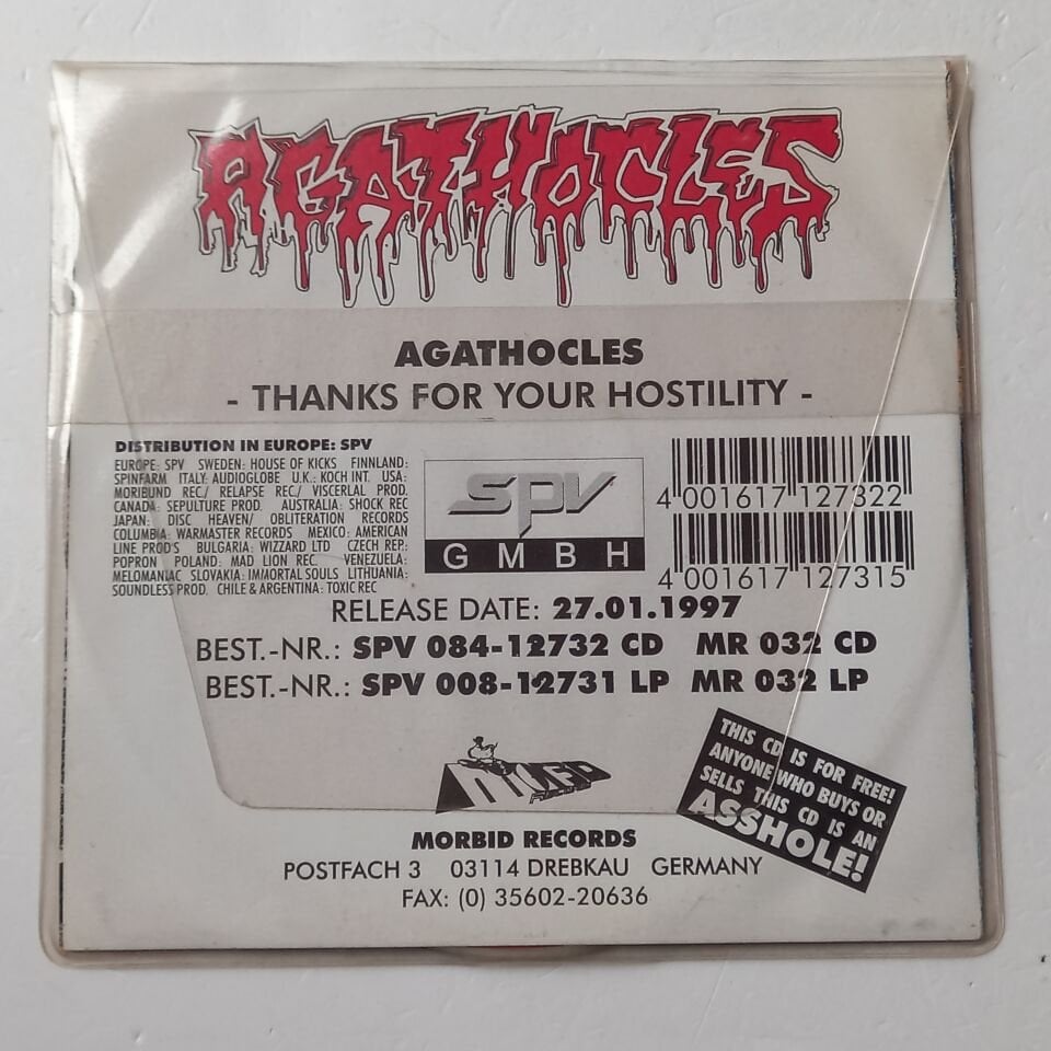 AGATHOCLES – THANKS FOR YOUR HOSTILITY (1997) - PROMO CD 2.EL