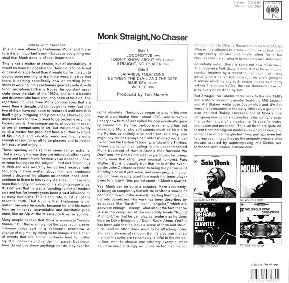 THELONIOUS MONK - STRAIGHT NO CHASER (1966) - LP 180GR 2025 CRYSTAL CLEAR COLOURED EDITION SIFIR PLAK