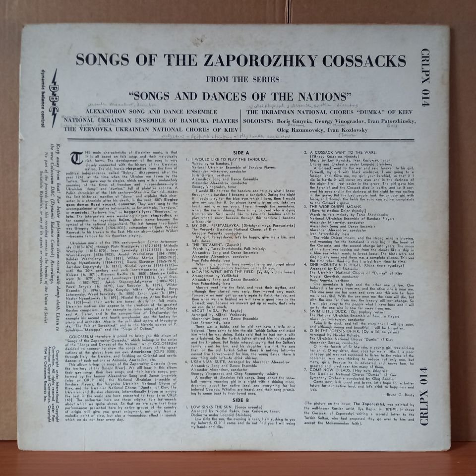 SONGS OF THE ZAPOROZHKY COSSACKS / ALEXANDROV SONG AND DANCE ENSEMBLE, NATIONAL UKRAINIAN ENSEMBLE OF BANDURA PLAYERS, THE VERYOVKA UKRAINIAN NATIONAL CHORUS OF KIEV, THE UKRAINIAN NATIONAL CHORUS ''DUMKA'' OF KIEV, BORIS GMYRIA (1954) - LP 2.EL PLAK