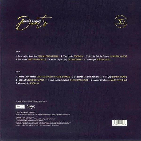ANDREA BOCELLI - DUETS (2024) - LP COMPILATION JENNIFER LOPEZ SARASH BRIGHTMAN ED SHEERAN CELINE DION etc. SIFIR PLAK